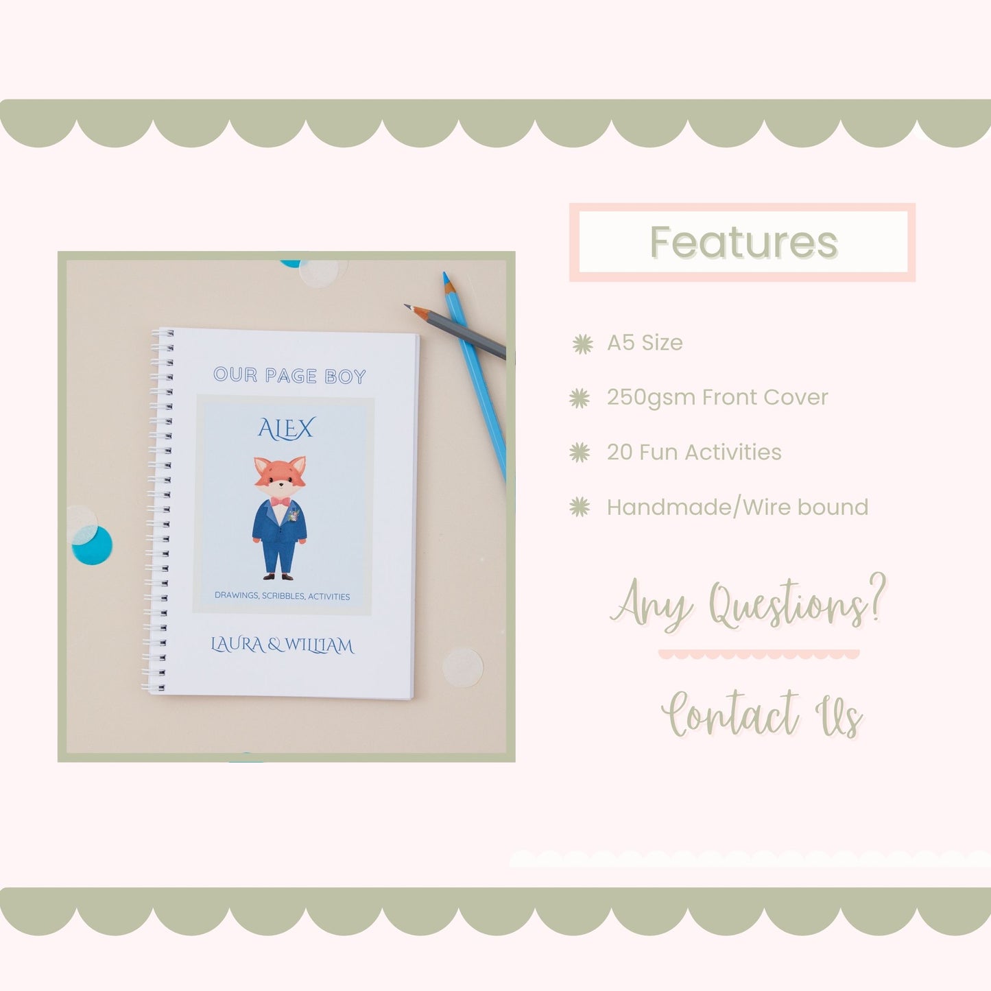Features of the Page Boy Wedding activity pack are listed - A5 Size, paper weight, number of activities included in the pack. The illustration is the front cover of the page boy activity book. The background is light pink, with green scalloped edges