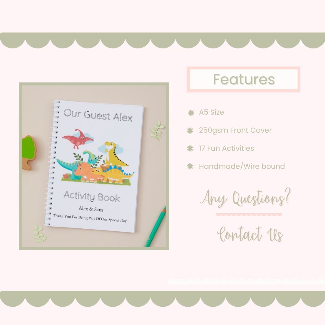 Feature mockup of Children's wedding activity book with a group of Dinosaurs, playfully gathered together. On the front cover of this activity book it says the words "Our Guest Alex, Activity Book, the couple's names and the text - thank you for being part of our special day. The book design is on white card, and is set on a light beige background, accompanied by a pencil.
