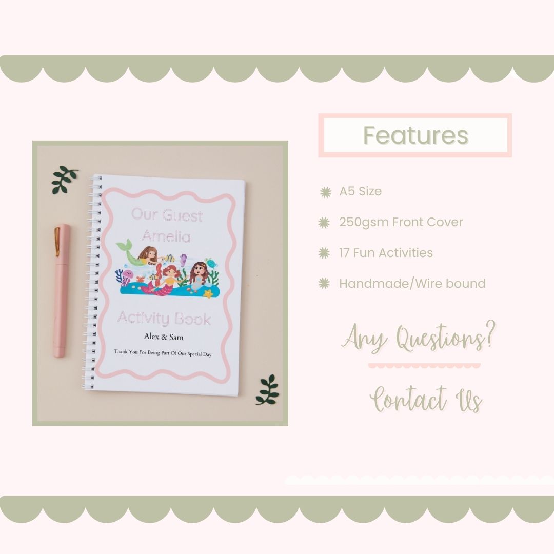 Children's Wedding Activity book featuring a group of mermaids as the front cover. It also highlights the product features, size A5, 17 Fun Activities, Handmade, 250gsm card weight