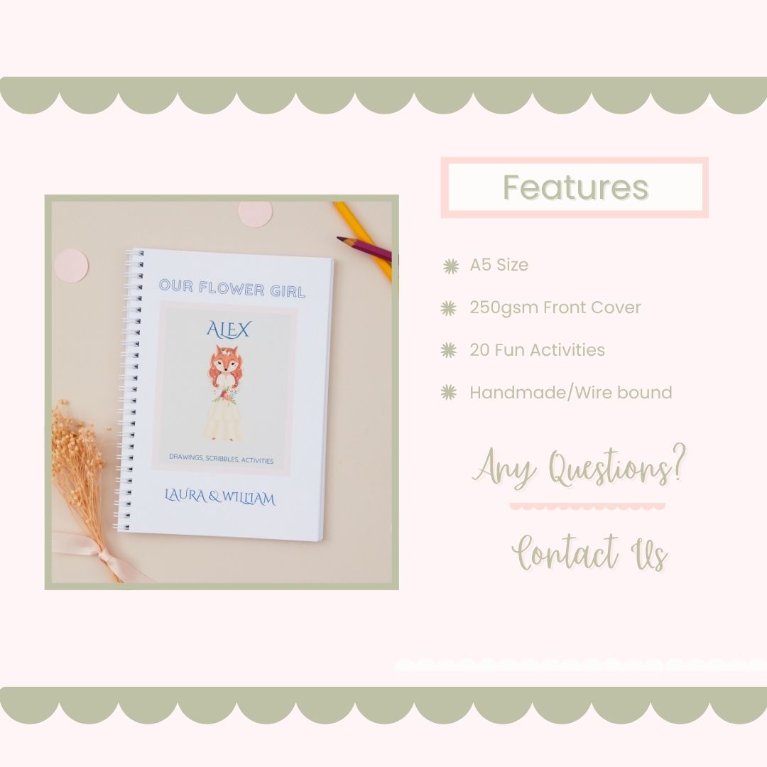 Flower Girl Wedding Activity Book with decorative elements on a light background displaying the activity books main features and text to "contact us with any questions".