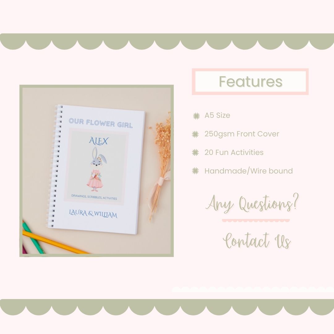 Children's activity book titled 'Our Flower Girl' with a decorative border and text on a light background. The text highlights the features or the activity boo, size, paper weight, how many activity pages are included.