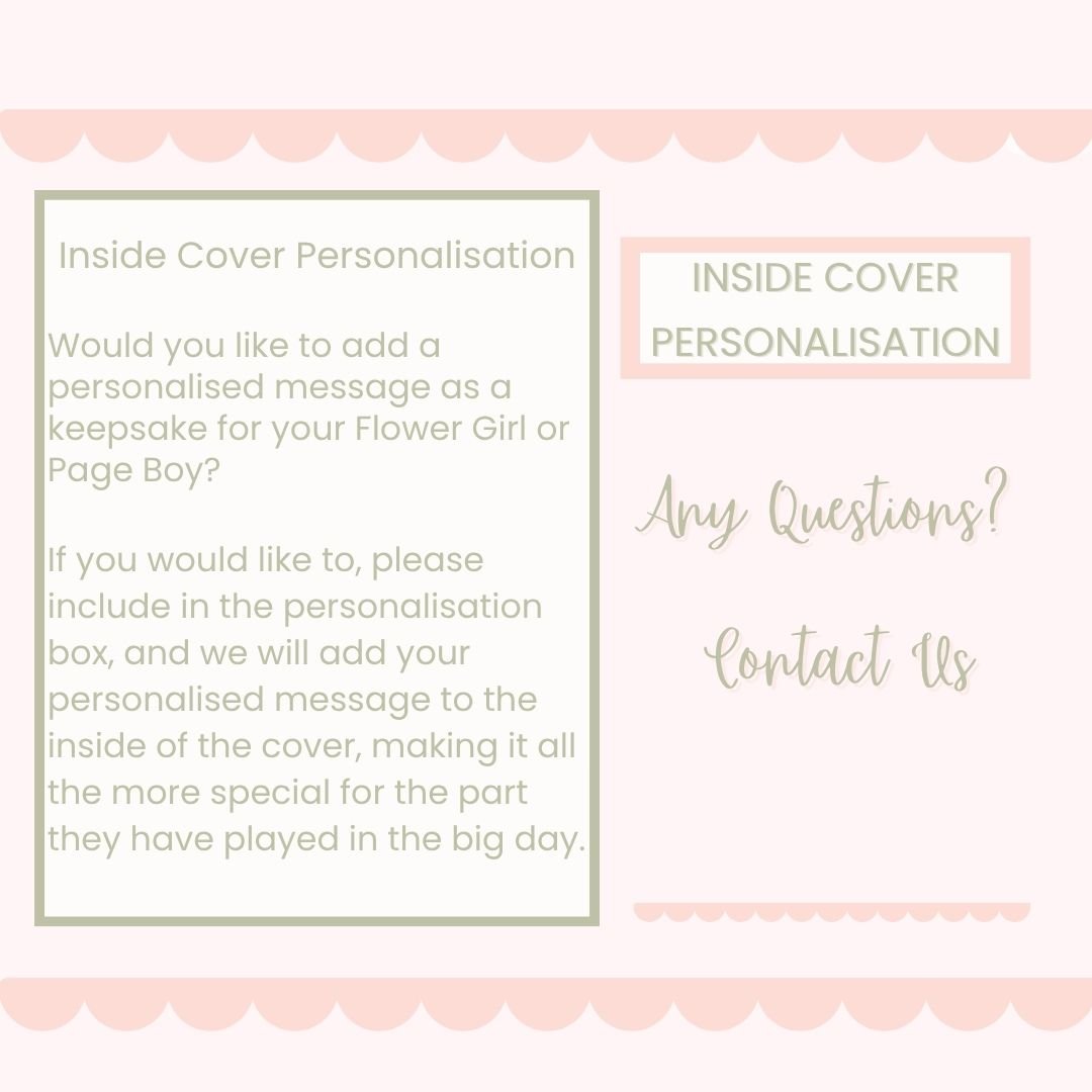 Text on a pink and green background for inside cover personalisation options.