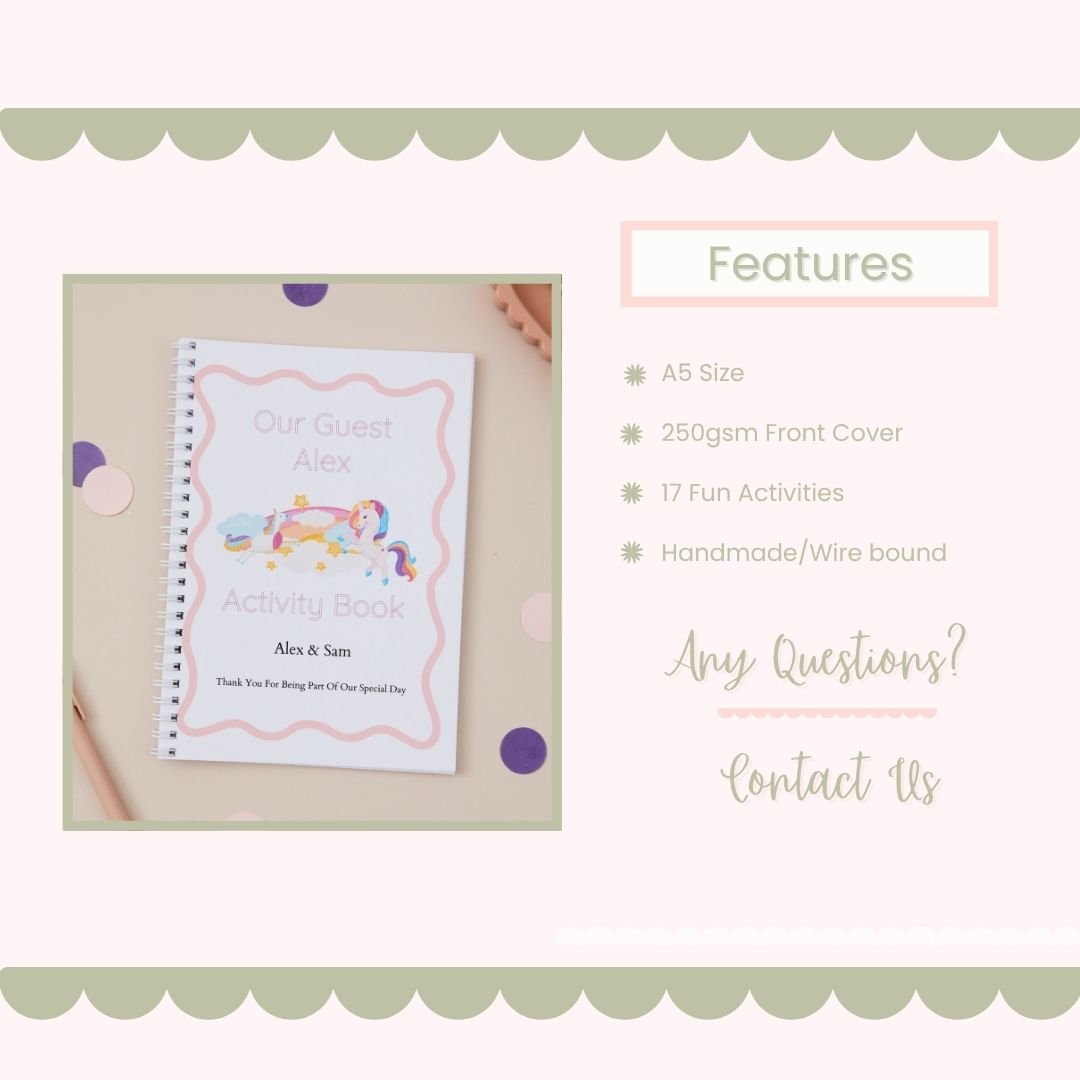 Activity book with unicorn design on a beige background, featuring text about features of the wedding activity book information.