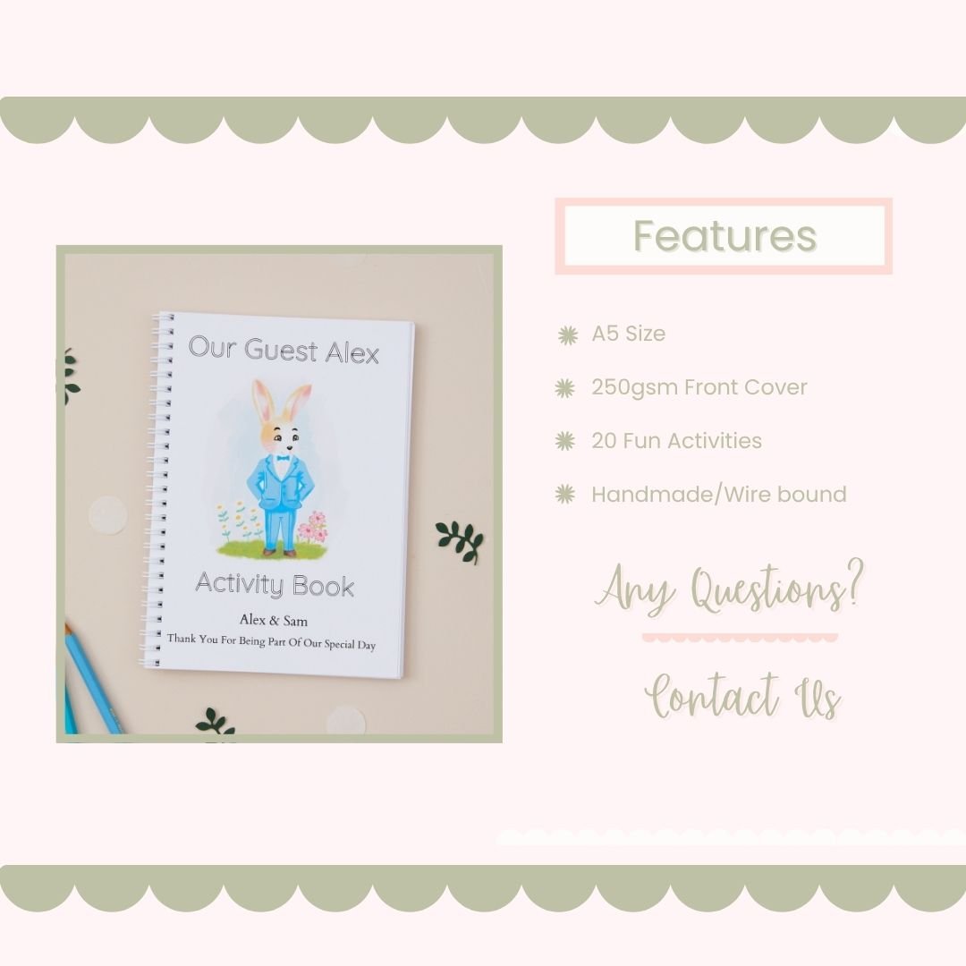 Children's wedding activity book pack with a bunny illustration on a beige background, featuring text about the activity book's features.