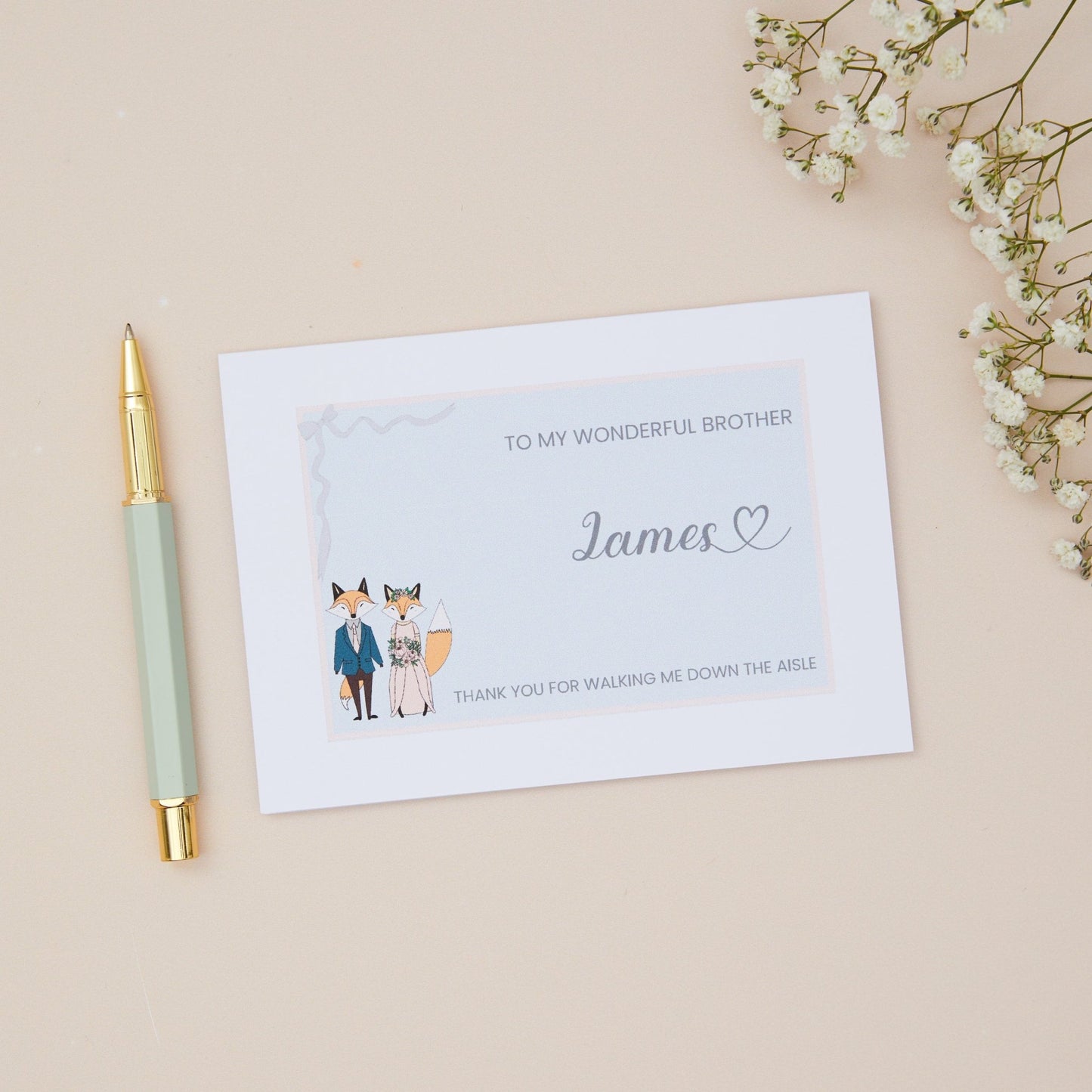 Brother Thanks for walking me down the Aisle Card. A Fox Couple with the label 'To my wonderful Brother, thank you for walking me down the aisle. The Card is set against a pale beige background with stationery items.- Susie Does Stationery