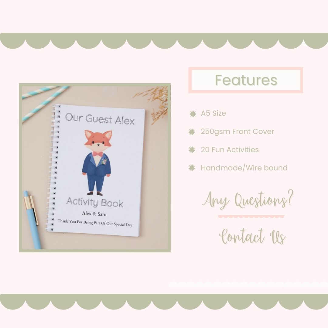 Blue-Suited Fox Wedding Activity Book Features Mockup. He is dressed in a Blue Suit on a beige background. Features Mockup text about the product's features, A5 Size book, 20gsms front cover, 20 pages of wedding activities, the book is handmade and wire bound.