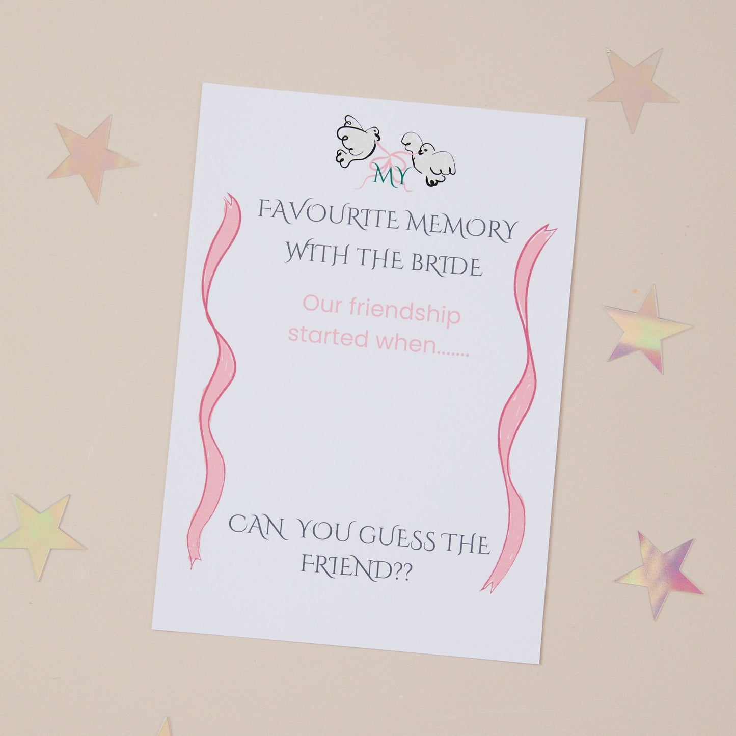 A hen party bridal shower game card titled 'Favourite Memory with the Bride' with a space for writing and a graphic of stars in the background.