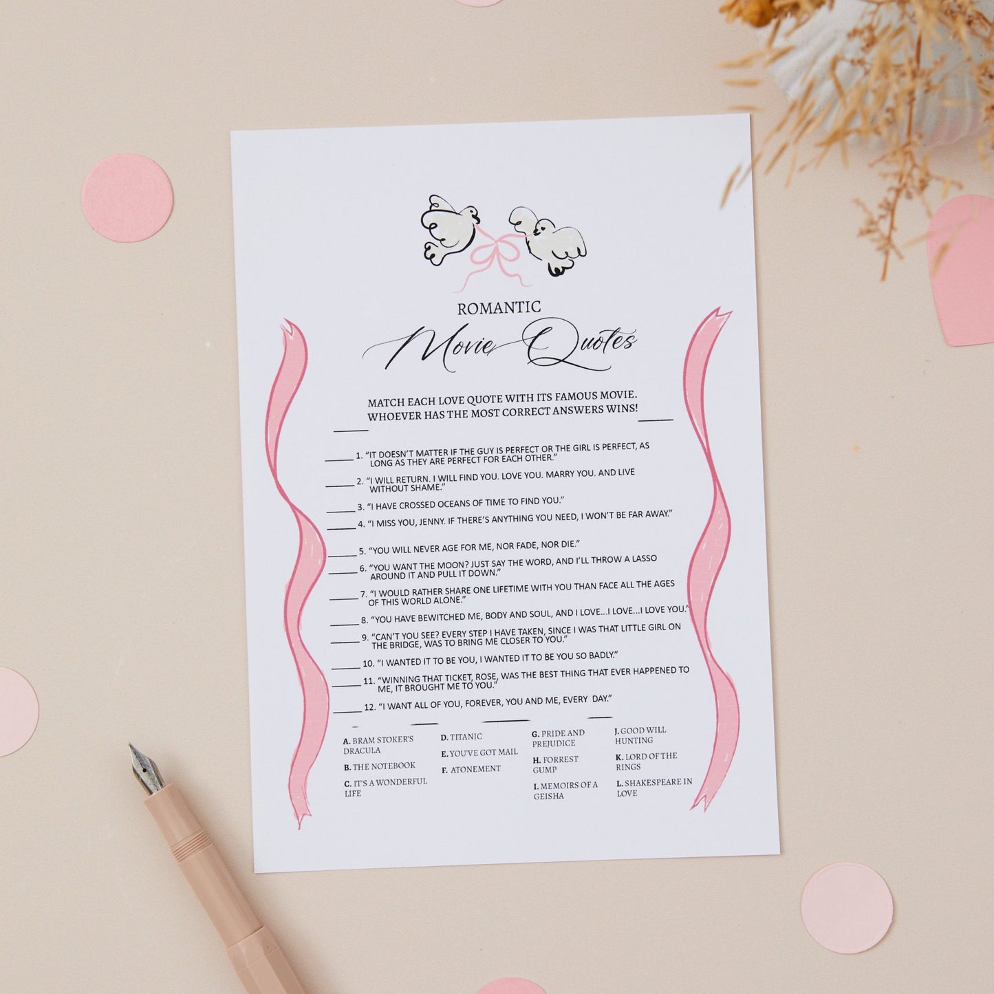 A printed bridal shower game titled 'Romantic Movie Quotes' with a pen lying next to it, on a neutral background with decorative elements.