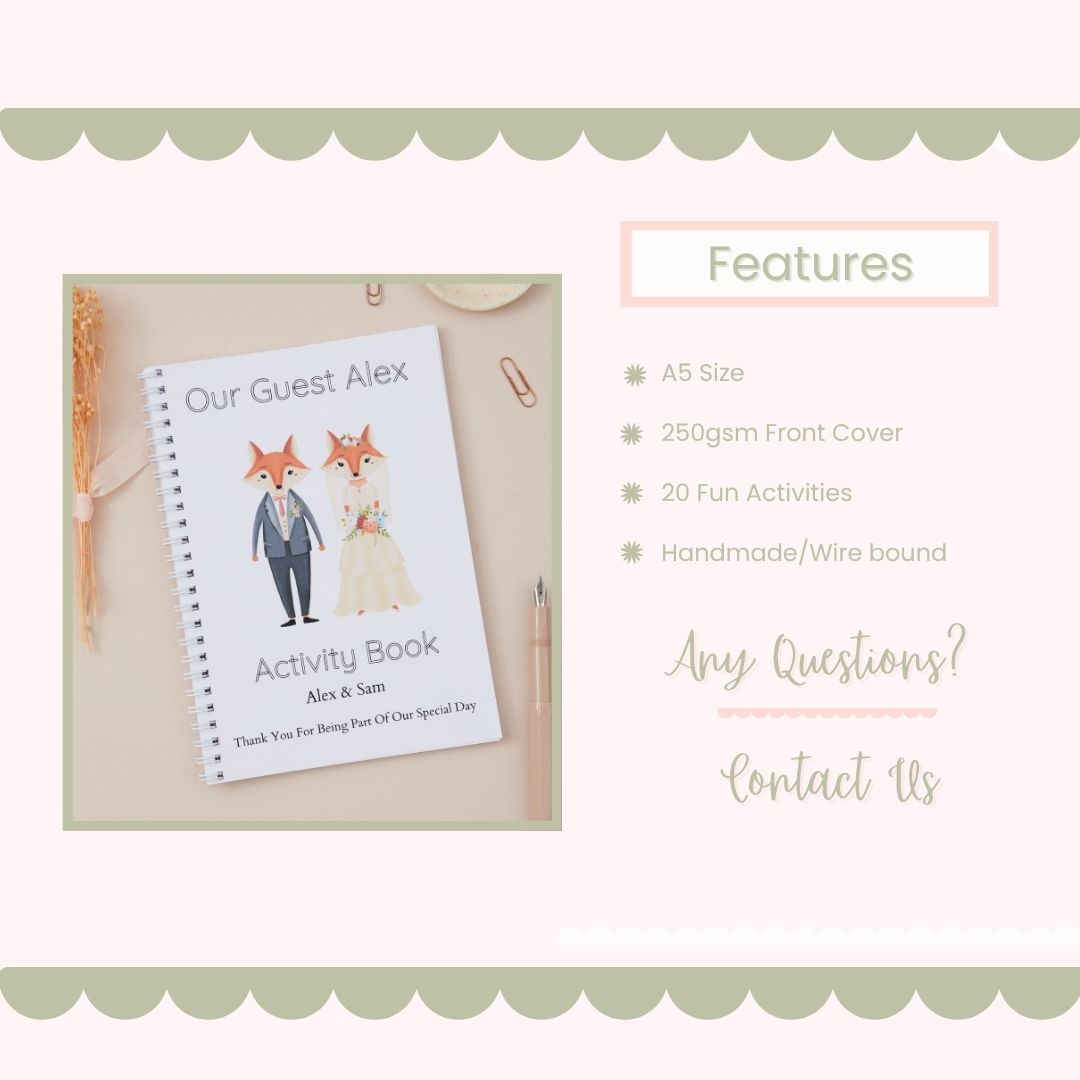 mockup showing the features of the wedding activity book pack. This wedding activity book pack features a bridal mr & mrs fox as the front cover. It lists out the features such as the size of the wedding activity book, how many pages are included, the paper weight & also contact details if there are any questions about the book that the customer would like to find out.