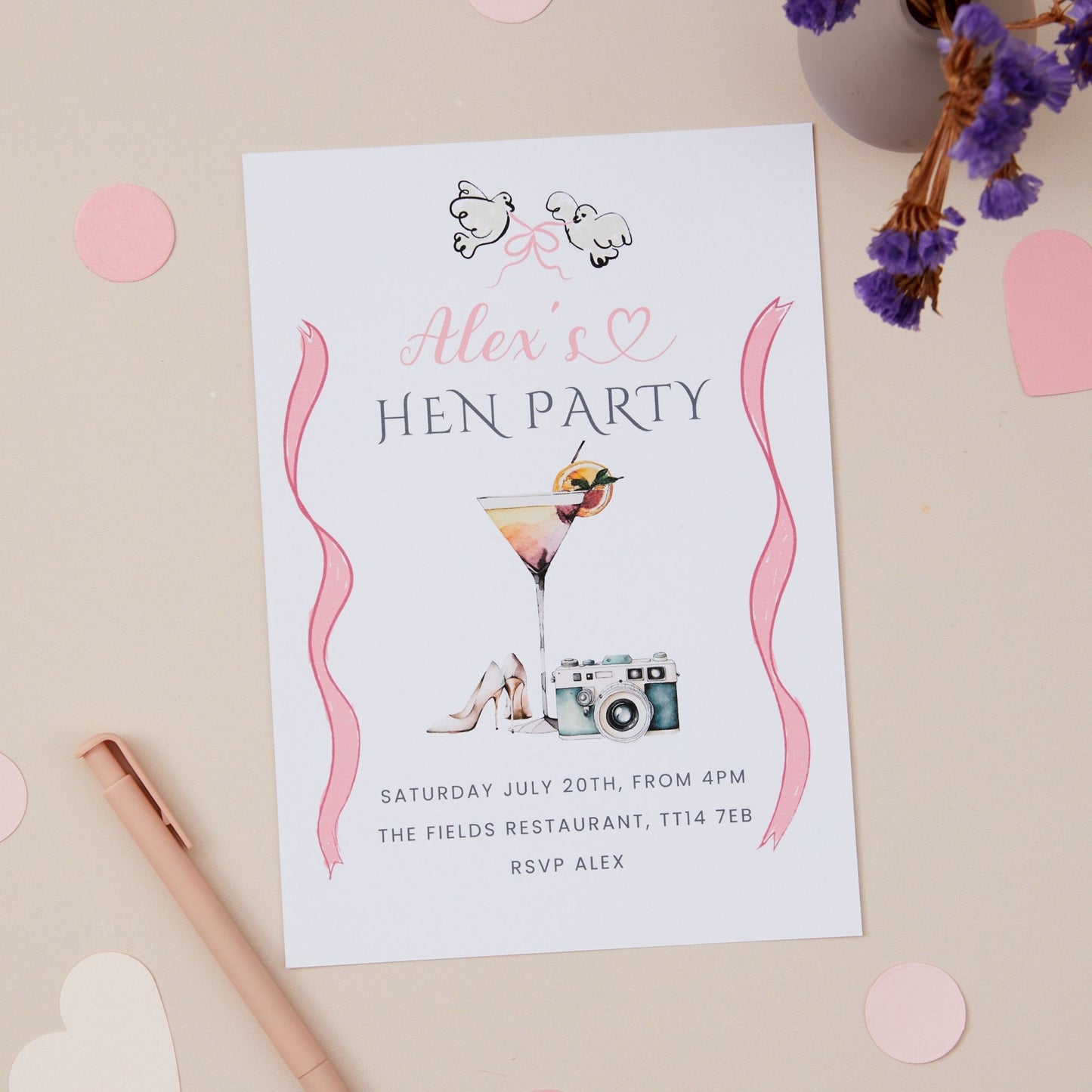 A personalised hen party bridal party  invitation featuring illustrated icons such as a cocktail glass, party shoes and a camera, with custom text for a bridal shower event.