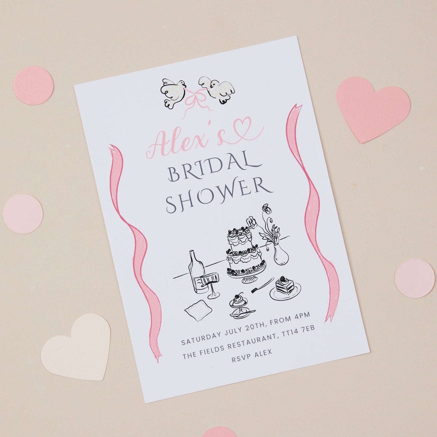 A bridal shower hen do invitation with a tea party theme, featuring a cake and tea cups, decorated with pink and white colors.