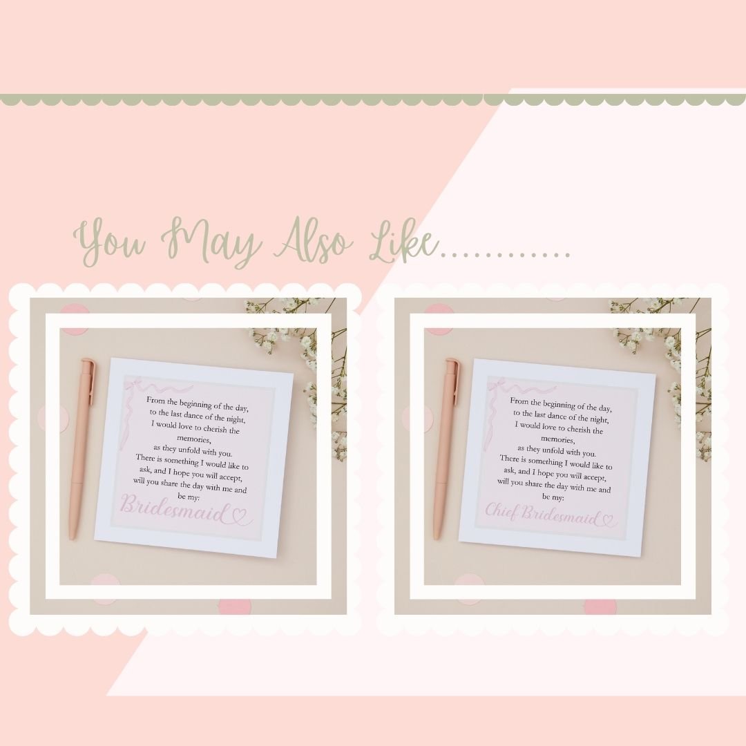 'You may also like' text accompanied by pictures of the bridesmaid and chief bridesmaid proposal cards options. The Two framed poems are with a pen on a pink background
