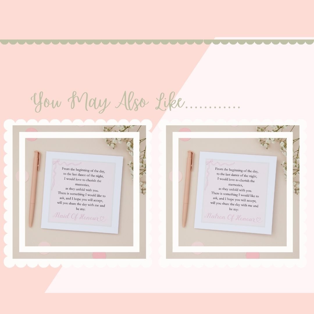 'You may also like' text accompanied by pictures of the maid of honour and matron of honour proposal cards options. The Two framed poems are with a pen on a pink background