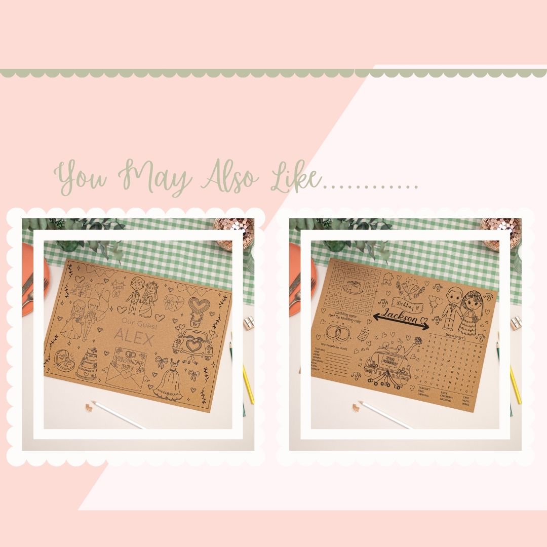 This is a Mockup 2 wedding activity mats with wedding colouring and puzzles illustrations and text on a pink background that says "you may also like"