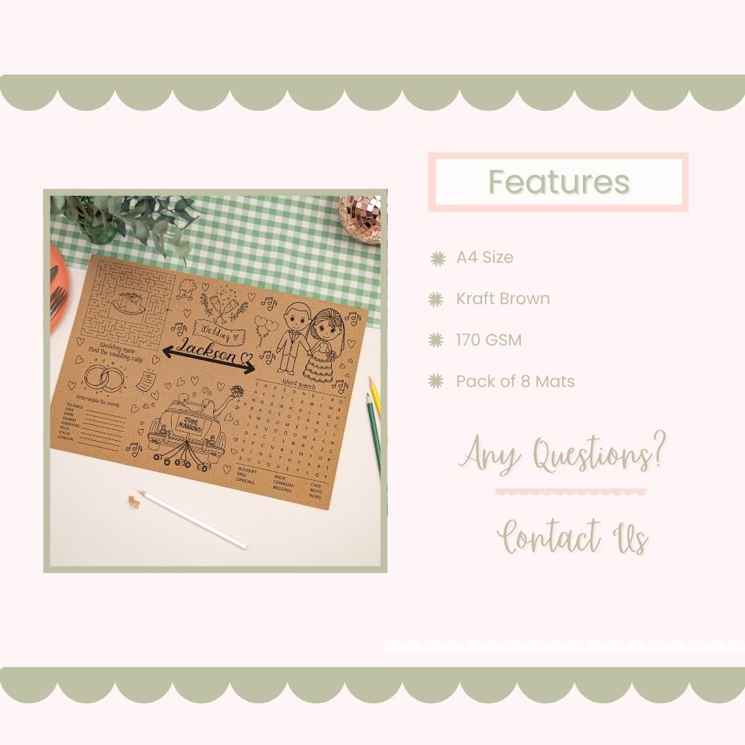 Kraft brown paper mat with printed design on a checkered tablecloth, featuring product details.