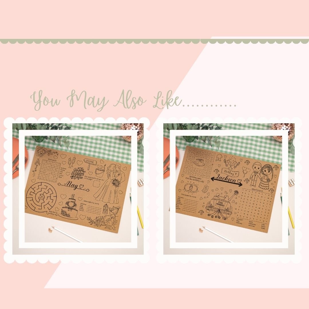 Mockup showing Two other Paper Wedding activity placemats with different wedding themed illustrations.