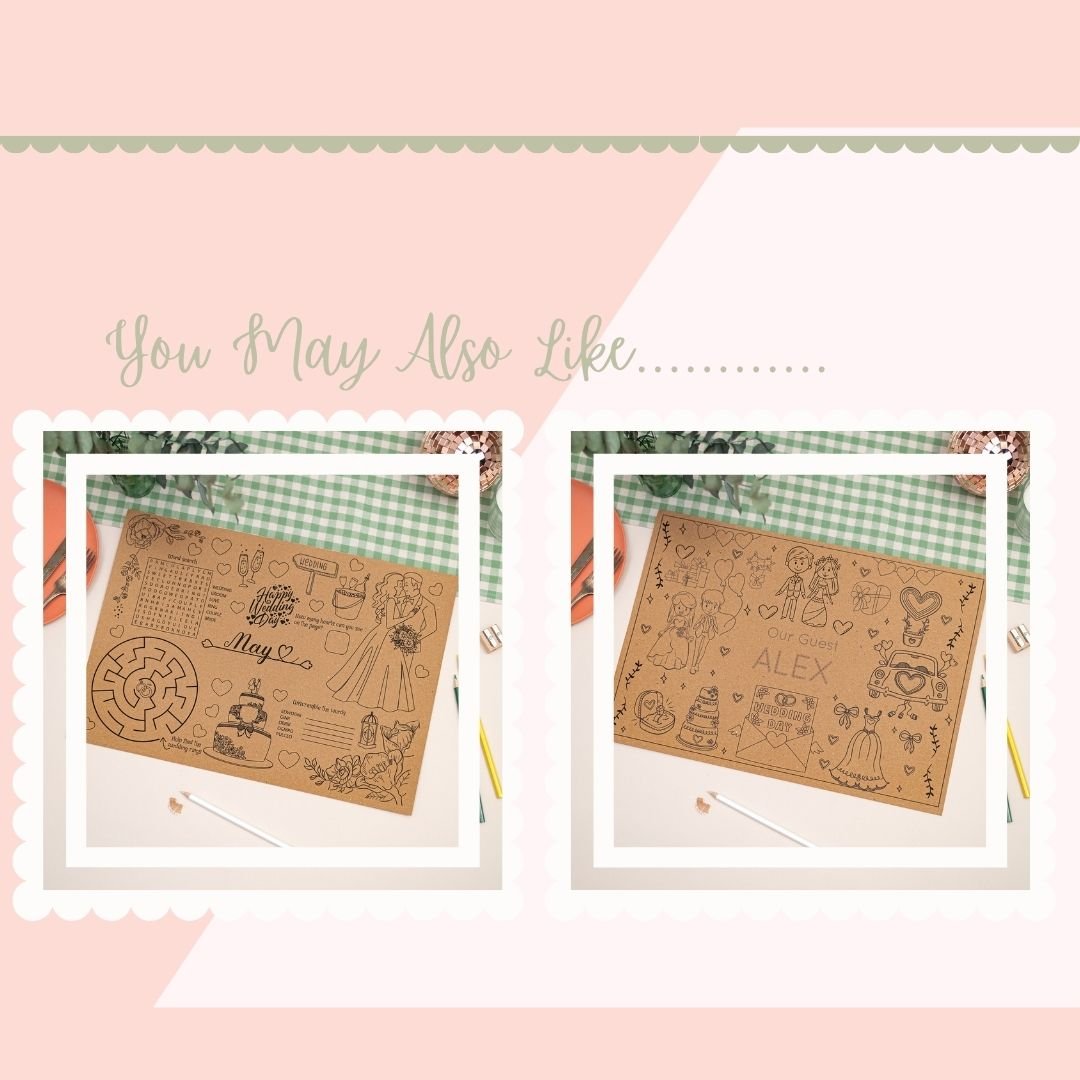 Two decorative wedding activity placemats with wedding activities illustrations on a pink background with the label 'you may also like...'