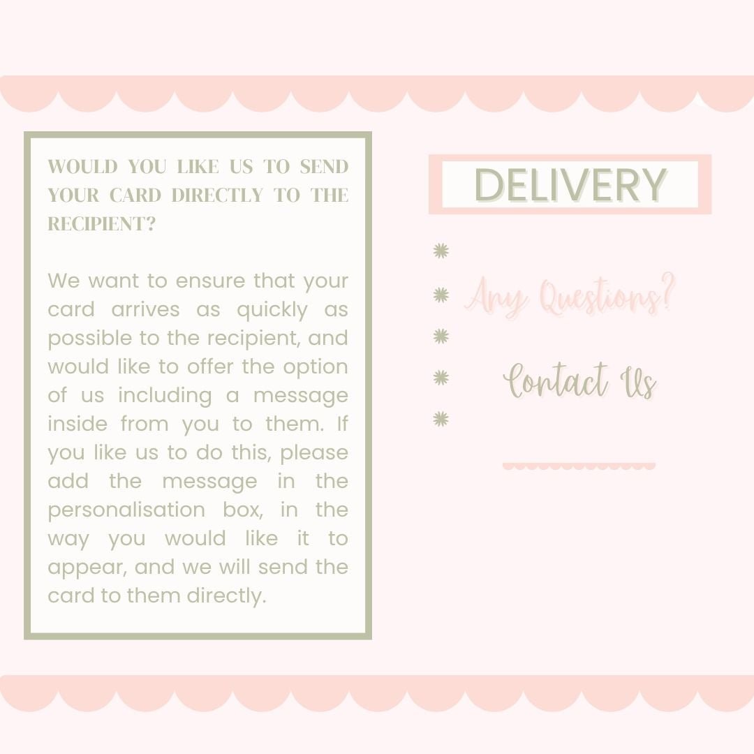 Card with text about direct delivery and personalisation options on a pink background