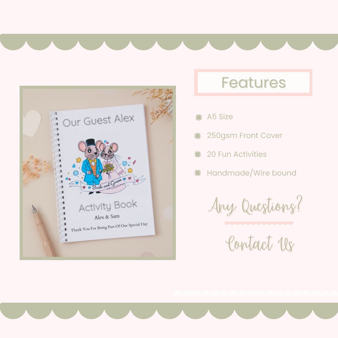 Features of the Mr & Mrs Mouse Wedding Activity Book Pack on a light background
