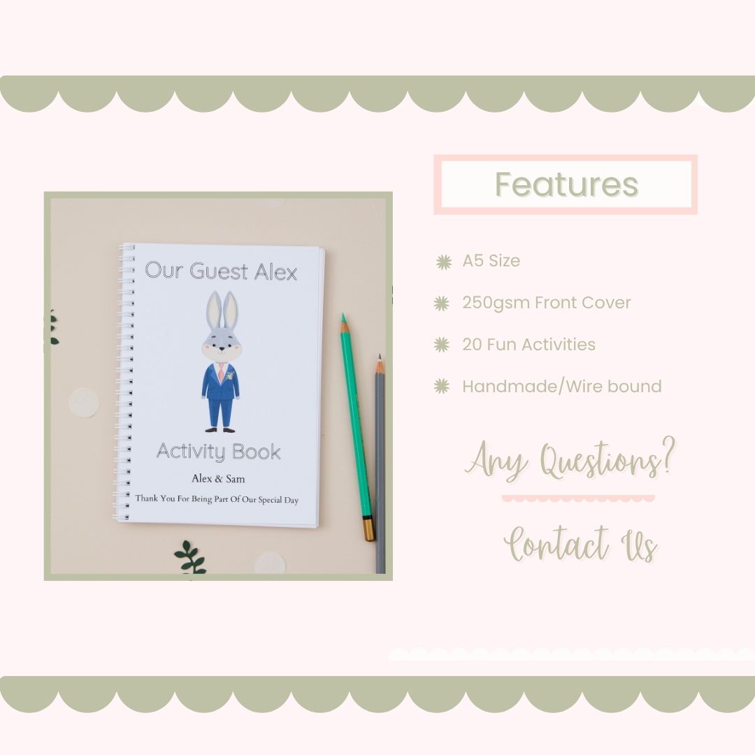 Fluffy Blue Bunny Wedding Activity Book featuring the cute Boy Bunny Rabbit, dressed in a Suit. It highlights the features of the book, 20 fun activities, 250gsm paper, and that the book is A5 size.