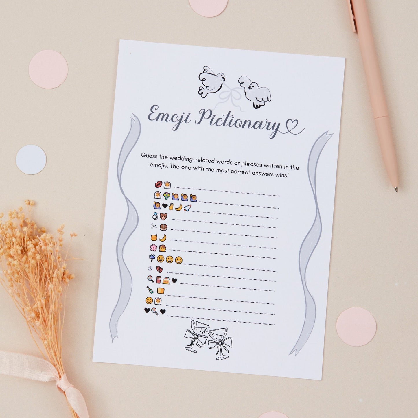 A printed Emoji Pictionary game sheet with a list of words to match with corresponding emoji symbols, placed on a table with a pencil and decorative elements around it.