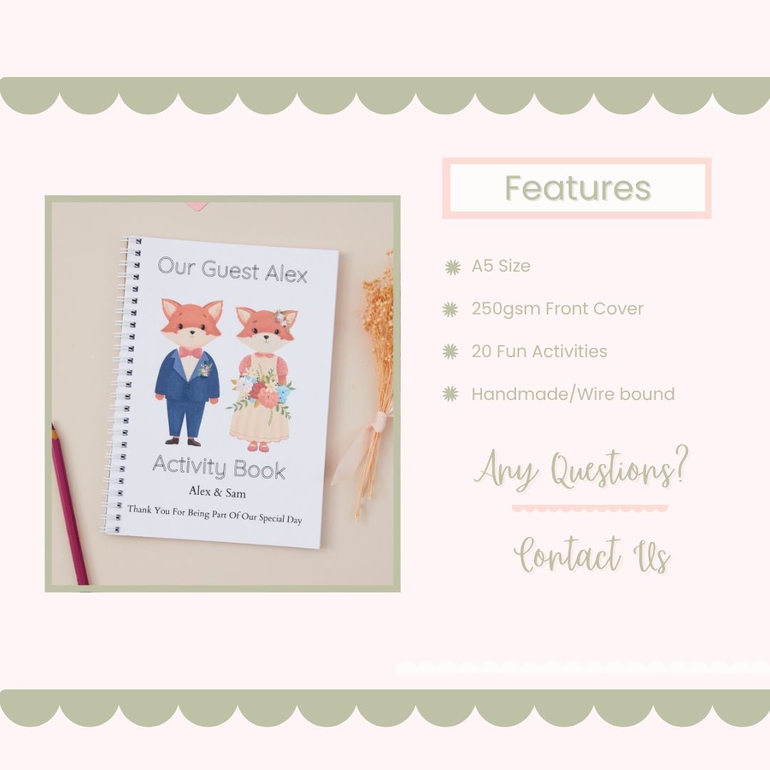 Features of Sweet Fox Pair Wedding Activity Book Pack Mockup listing that the size of the book is Children's activity book with fox illustrations on a beige background, featuring text about book features A5, it has 20 Fun Activities and is handmade.
