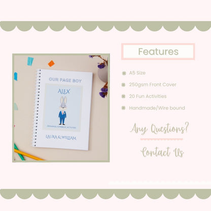 Children's activity book features page highlighting the size, weight, and number of activities included.