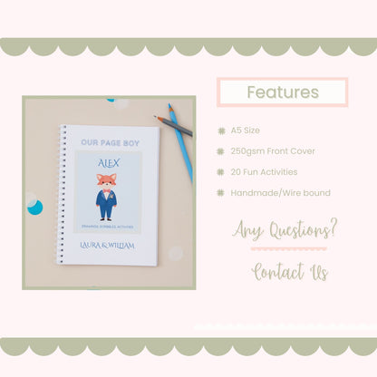 Features of the Page Boy Wedding activity pack are listed - A5 Size, paper weight, number of activities included in the pack. The illustration is the front cover of the page boy activity book. The background is  light pink, with green scalloped edges 