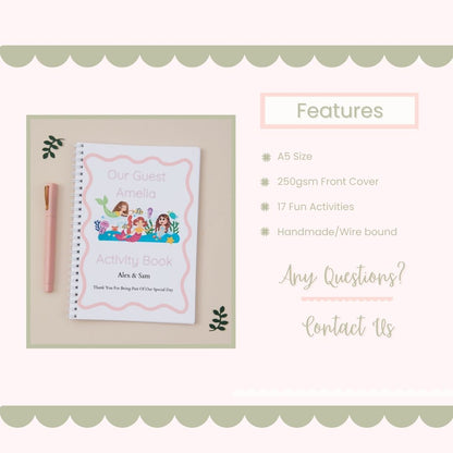 Children's Wedding Activity book featuring a group of mermaids as the front cover. It also highlights the product features, size A5, 17 Fun Activities, Handmade, 250gsm card weight
