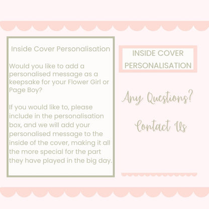 Text on a pink and green background for inside cover personalisation options.