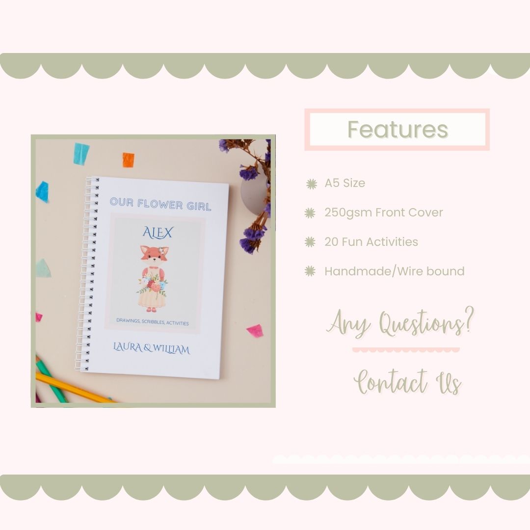 Flower Girl Wedding Activity Book Pack Favour with decorative cover on a light background, featuring text about product features and contact information if any questions.