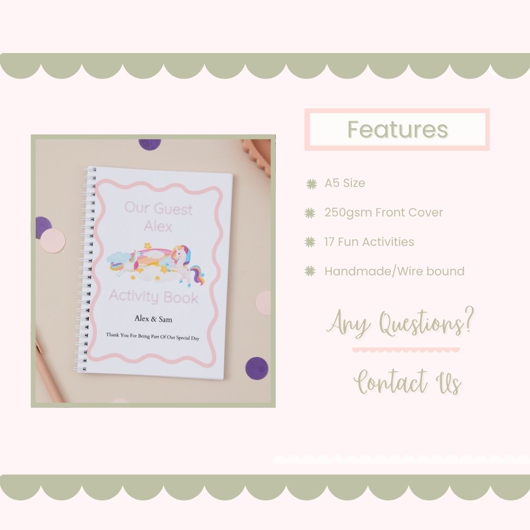 Activity book with unicorn design on a beige background, featuring text about features of the wedding activity book information.