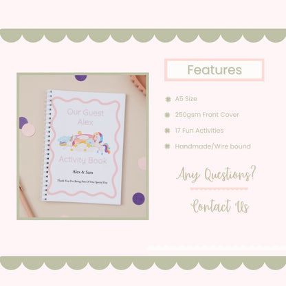 Activity book with unicorn design on a beige background, featuring text about features of the wedding activity book information.
