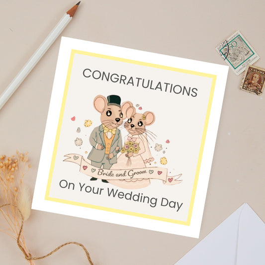 Wedding day congratulations card with cute mice couple, he dressed in a grey suit and blacktop, and she dressed in a bridal dress holding a yellow floral arrangement. The Card features the words 'Congratulations on your wedding day' text. The Card is set against a light beige background with stationery items.