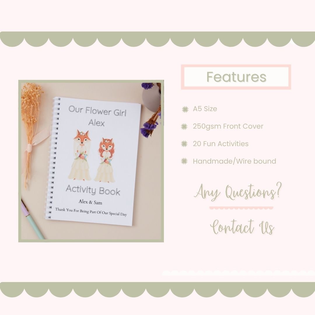 Adorable Fox Bride & Flower Girl Wedding Activity Book Pack Features Mockup. Highlighting the key features such as the number of wedding activities in the wedding activity book, size of the wedding book and also the paper weight.