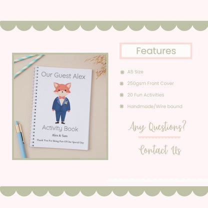 Blue-Suited Fox Wedding Activity Book Features Mockup. He is dressed in a Blue Suit on a beige background.  Features Mockup text about the product's features, A5 Size book, 20gsms front cover, 20 pages of wedding activities, the book is handmade and wire bound.