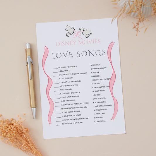 A Bridal Shower hen do party game card titled 'Disney Movies LOVE SONGS' with a pen lying next to it, on a neutral background.