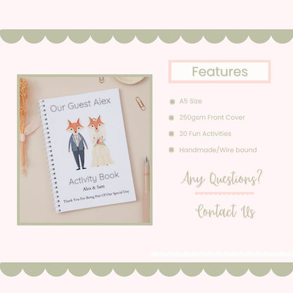 mockup showing the features of the wedding activity book pack. This wedding activity book pack features a bridal mr & mrs fox as the front cover. It lists out the features such as the size of the wedding activity book, how many pages are included, the paper weight & also contact details if there are any questions about the book that the customer would like to find out.