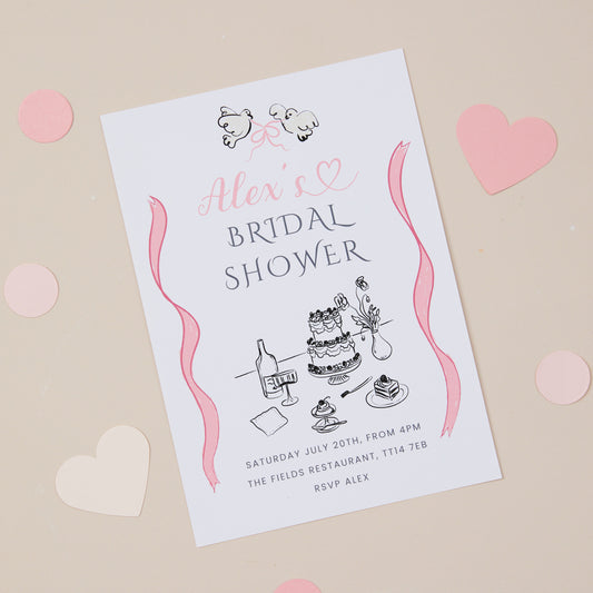 A bridal shower hen do invitation with a tea party theme, featuring a cake and tea cups, decorated with pink and white colors.