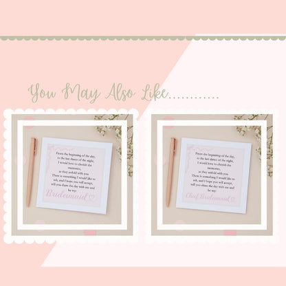 'You may also like' text accompanied by pictures of the bridesmaid and chief bridesmaid  proposal cards options. The Two framed poems are with a pen on a pink background