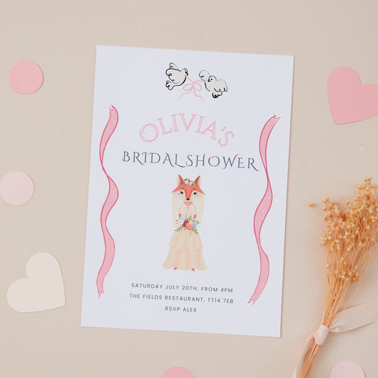 A bridal shower hen do invitation featuring an illustration of a fox wearing a bridal dress, with decorative elements like hearts and a date, location and rsvp details for the  bridal shower.