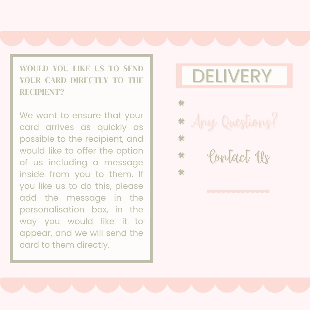Text on a pink background about card delivery option to send the card directly to recipient and the instruction as to how to include in the order.