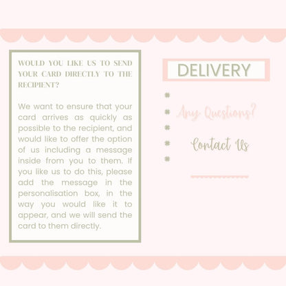 Text on a pink background about card delivery option to send the card directly to recipient and the instruction as to how to include in the order.
