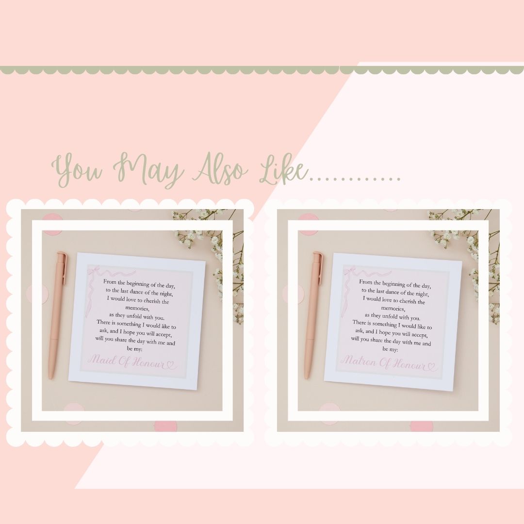 'You may also like' text accompanied by pictures of the maid of honour and matron of honour proposal cards options. The Two framed poems are with a pen on a pink background