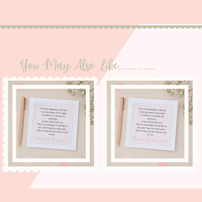 'You may also like' text accompanied by pictures of the maid of honour and matron of honour proposal cards options. The Two framed poems are with a pen on a pink background