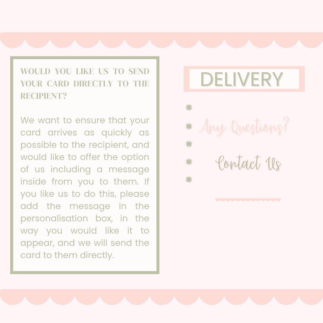 Text on a pink background about card delivery and personalisation options.