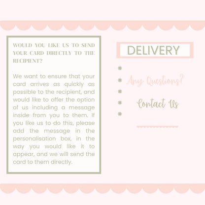 Text on a pink background about card delivery and personalisation options.