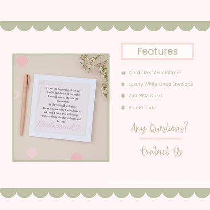 Bridesmaid card along side a label showing the cards features and contact information for any questions relating to the card. There is  a pen on a light background of the card, and the features is set against a light pink background with green scalloping.
