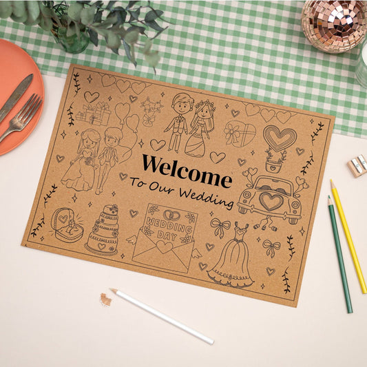 A4 Wedding Activity Mat For Kids with wedding colouring activities. Words - welcome to our wedding on it.