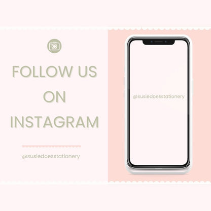 Smartphone with text encouraging Instagram follow. The Text Says - Follow us on Instagram @susiedoesstationery